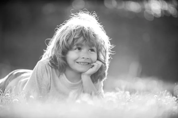Портрет Маленького Хлопчика Лежить Траві Літньому Природному Парку — стокове фото