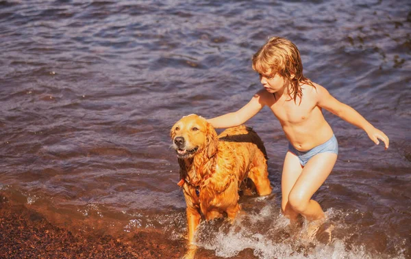 Child playing with dog in sea water on beach