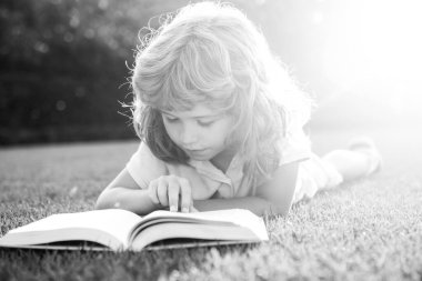 Çim arka planıyla ilgili güzel bir çocuk kitabı. Çocuklar parkta kitap okuyor.