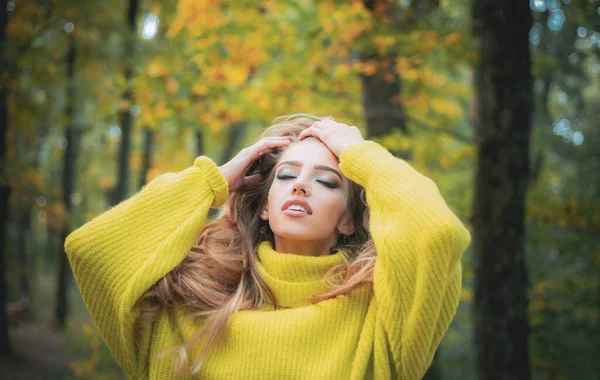 Μόδα Φθινόπωρο Πορτρέτο Γυναίκας Κίτρινος Σφενδάμνου Αφήνει Στο Παρασκήνιο Φύση — Φωτογραφία Αρχείου
