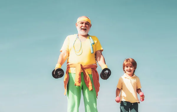 Grandfather Child Lifting Dumbbell Portrait Healthy Father Son Working Out — Stock Photo, Image