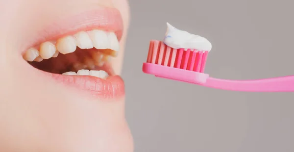 Dental Care. Woman with toothbrush closeup. Dental health