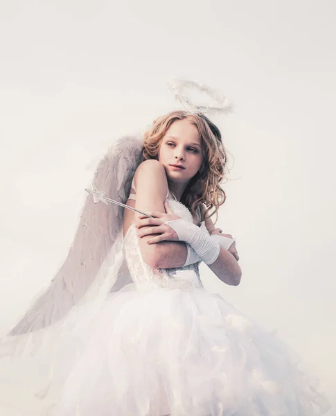 真正的仙女从神奇的故事 可爱的女孩丘比特是准备找到你的爱 有天使翅膀和光环的小女孩 穿着天使服装的白色连衣裙和羽毛翅膀的幼儿女孩 甜蜜的天使女孩 — 图库照片