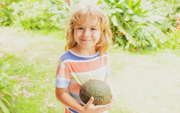 Niño Feliz Mostrando Aguacate Jardín Verano Alimentos Saludables Para Niños —  Fotos de Stock