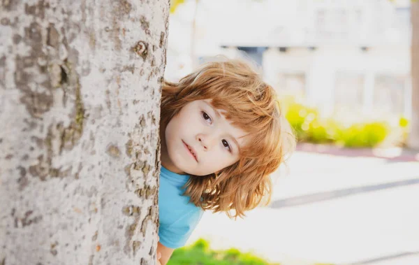 Hide and seek. Peekaboo. Little kid hide by tree. Kids vacation