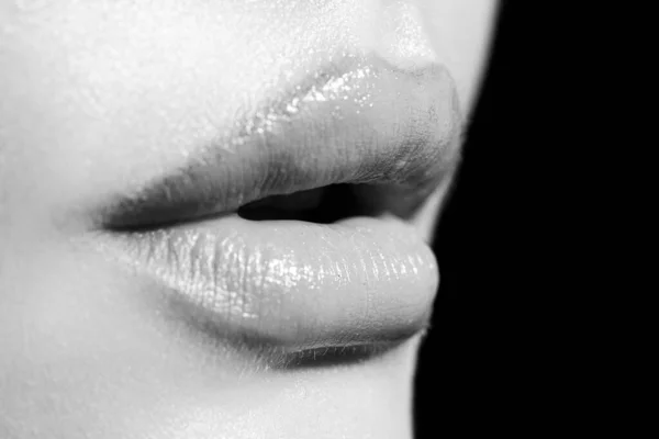 クローズアップ美しい唇 顔の一部 若い女性はヌード口紅でぽっちゃり唇を閉じます 大きな唇に天然リップ口紅 — ストック写真