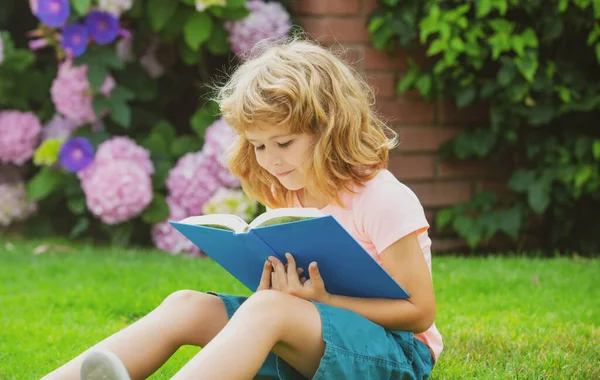 Cute childr boy with books outdoors. Summer camp. Kids learning and education concept