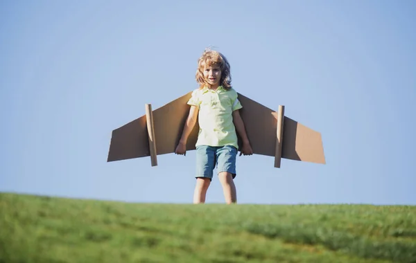 パイロットになるために 紙の翼を持つ子供が飛んでいる 夏休みと旅行のコンセプト おもちゃの段ボール飛行機の翼を持つ面白い子供の男の子は空を飛ぶ 子供たちは自然の中で夏に旅行する夢 — ストック写真