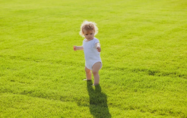 Adorable Petit Garçon Extérieur Posant Sur Herbe Verte Enfant Bonne — Photo