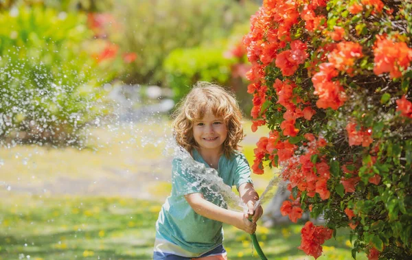 Cute Boy Watering Plants Garden Summer Day Child Garden Tools — Stock Photo, Image