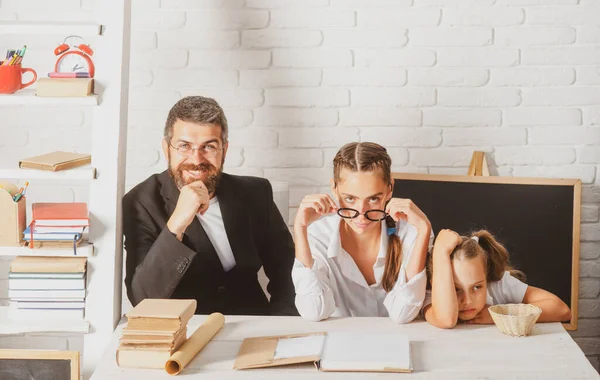 Father Leading His Pupil Daughter School Portrait Modern Family Dad — Fotografia de Stock