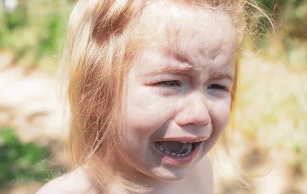 Słodkie Dziecko Płacze Dziecko Bawi Się Dworze Spacer Wsi — Zdjęcie stockowe