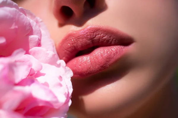 Perfect natural lip makeup. Close up macro photo with beautiful female mouth. Plump full lips. Beautiful woman lips with rose