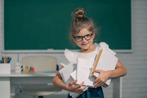 Πορτρέτο Του Αστείου Μαθητή Κορίτσι Του Δημοτικού Σχολείου Κατέχει Βιβλία — Φωτογραφία Αρχείου