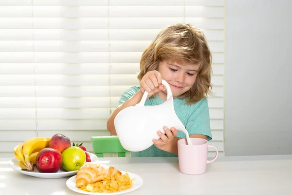 Fuuny Little Boy Pouring Whole Cows Milk Breakfast Healthy Nutrition — Stock Photo, Image