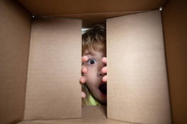 Çocuk bir kutu açıyor ve içine bakıyor, paketleri açıyor, sürpriz bir şekilde boks yapıyor. Kutusu açık çocuk
