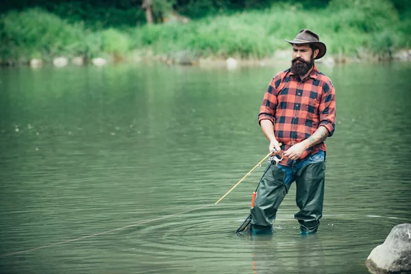 Fisherman Caught Fish Man Fishing River — Stockfoto