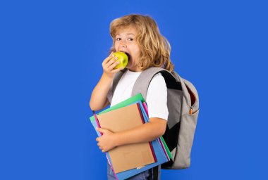 Okula dönelim. Okul çantalı öğrenci kitabı ve defterini öğrenmeye hazır tutuyor. İzole edilmiş stüdyo geçmişi olan okul çocukları