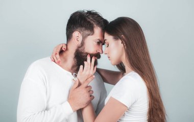 Romantic moment. Secrets fantasy. Satisfied girlfriend and boyfriend enjoying romantic moment. Young couple having passionate intense sex clipart