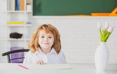 Gülümseyen okul çocuğu eğitimi. İlkokul öğrencisi içeride okuyor. Okuldan sonra. Çocuk okula hazırlanıyor.