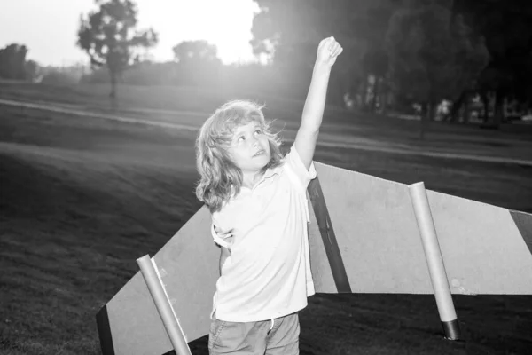 子供たちのリーダーと勝者 成功が始まります 興奮した子供男の子遊びともにおもちゃジェットパックスーパーヒーローで公園で日没 — ストック写真