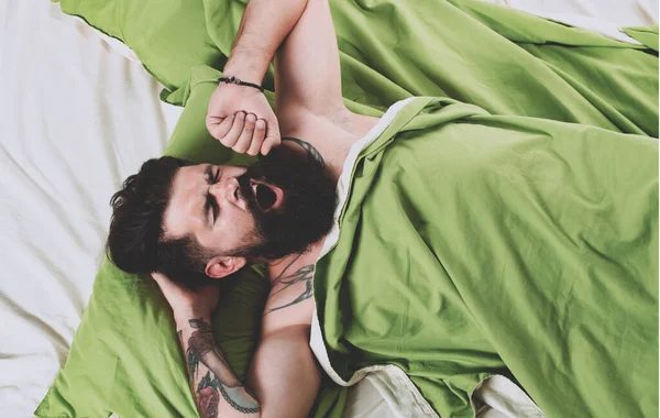 Man Lying Bed Enjoying Morning Man Having Problems Sleep Bearded — Stock Photo, Image