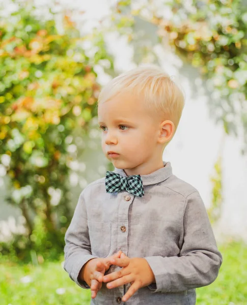 Kid Gentleman Style Boy Bowtie Garden Background — Stock Photo, Image