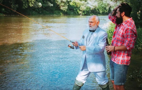 Pesca Nel Fiume Nonno Ragazzo Pescano Insieme Pesca Pescatore Della — Foto Stock