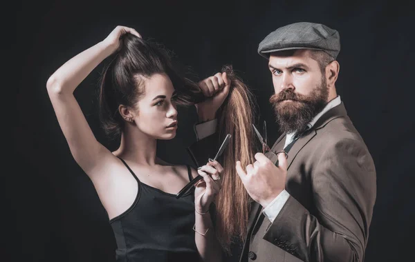 Diseño Peluquería Peluquero Peluquero Hombre Barbudo Hipster Wiht Mujer Belleza — Foto de Stock