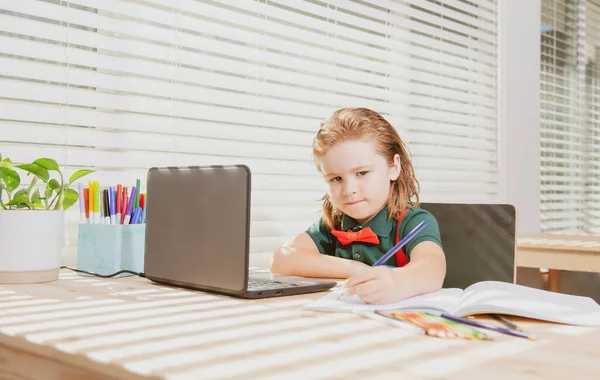 かわいい男の子の子供は家でタブレットやラップトップで彼女の宿題をします 人形はその仕事をノートに書いている 教育と学習 子供たちの家庭教育 — ストック写真