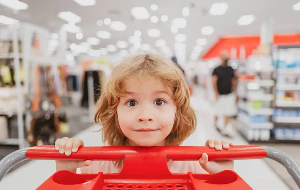 Lustiges Kind Mit Einkaufswagen Das Lebensmittel Lebensmittelladen Oder Supermarkt Kauft — Stockfoto