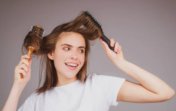 Portrait Charming Brunette Hair Lady Combing Hair Hairbrush Comb Isolated — Stock Photo, Image