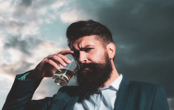 Handsome Man Drinking Cognac Whiskey Scotch Cognac — Stock Photo, Image