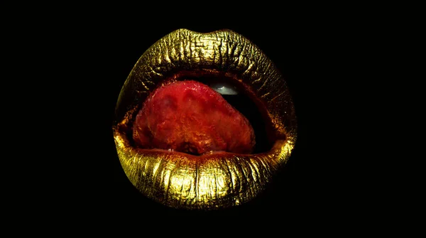 Gold Lips Golden Sexy Metallic Mouth Isolated Woman Golden Mouth — Stock Photo, Image