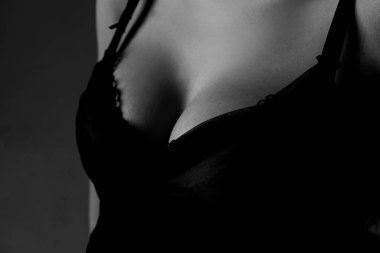 Women sexy breasts. Breas, boobs in bra, sensual tits. Beautiful slim female body. Lingerie model