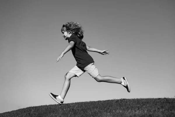 草の上を走るかわいい少年 子供たちは自然を探検する夏 アクティブな健康的な屋外スポーツ 楽しいアクティビティ — ストック写真