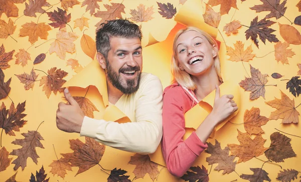 Happy Couple Bearded Man Blond Woman Yellow Background Leaves Joyful — Stock Photo, Image