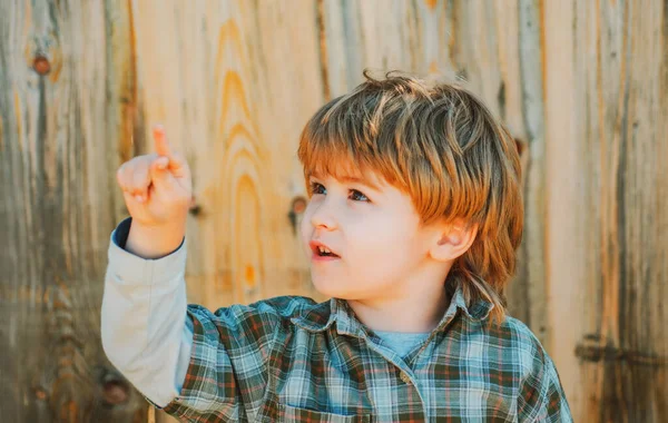 Nettes Kind Zeigt Nach Oben Lernen Und Entdecken Glückliche Kindheit — Stockfoto