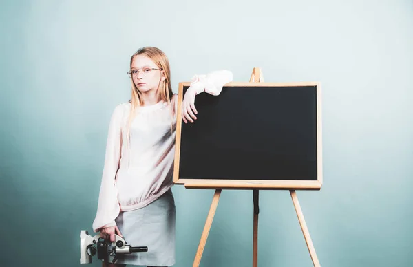 Teenager Girl Student Attractive Little Girl Holding Microscope Portrait Modern — Stock Photo, Image