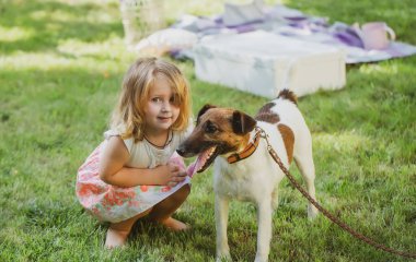 Russell Terrier köpeğiyle yeşil çimlerin üzerinde oynayan küçük bebek. Çocuklar oynuyor. Bebek ve yaz güneşli hava