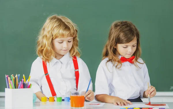 Children Drawing School Lesson Class Funny School Girl Boy Pupil — Stock Photo, Image