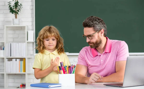 Education Learning Concept Father Son Doing Homework School Teacher Little — Stockfoto