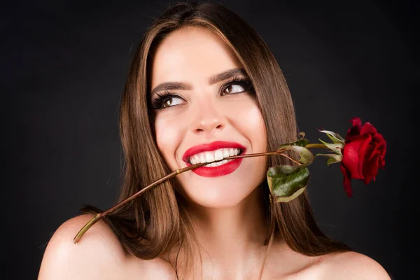 Fashion Portrait Young Beautiful Woman Red Rose Black Background Rose — Stockfoto