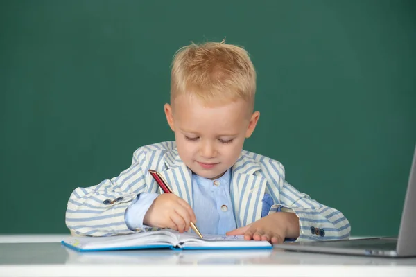 Little Schoolboy Study Classroom Elementary School Kid Writing Class — Stock Photo, Image