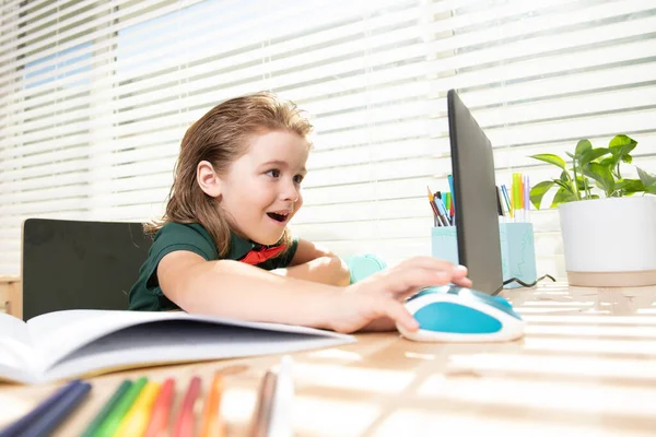 Amazed School Boy Using Laptop Preparing Homework Happy Pupil Doing — Stock fotografie