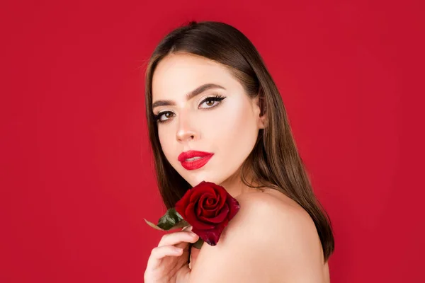 Portrait Attractive Woman Beauty Girl Red Rose — Zdjęcie stockowe