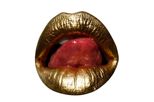 Shine Golden Style Sexy Lips Gold Paint Lip Golden Sensual — Zdjęcie stockowe