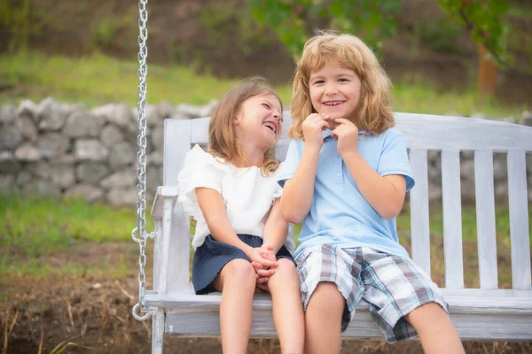 Cute Little Children Playing Outdoors Portrait Two Happy Smiling Laughing — Photo