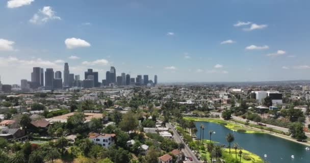 Беспилотник Центре Лос Анджелеса Небоскребы Городской Пейзаж Офисные Здания Небоскребы — стоковое видео