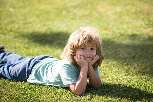 Cute Little Girl Meadow Spring Day Happy Childhood Boy Lying — Stok fotoğraf